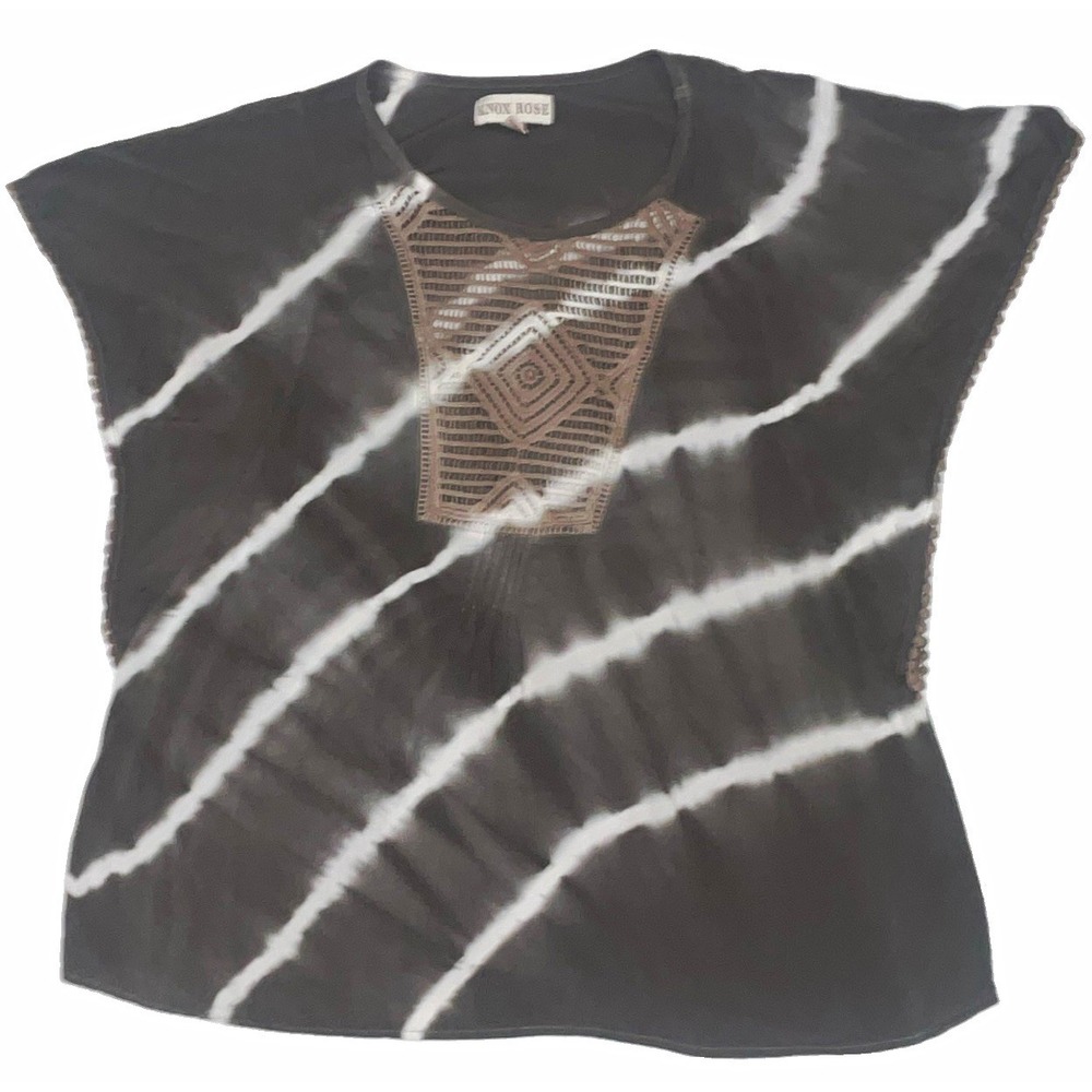 Knox Rose Womens Boho Tie Dye Crochet Lace Bib Pom Pom Trim Blouse Gray Large